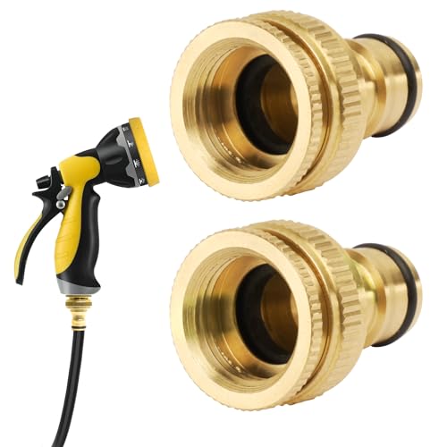 Image of ESTABA Garden Hose Tap Connector 2 Pack, 3/4 inch & 1/2 inch 2-in-1 Brass Female Threaded Tap Connector, for Standard Garden Hose, Drip Irrigation