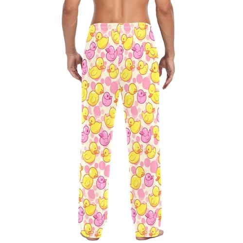 Men's Yellow Pink Ducks Pajama Pants with Pockets - Straight Fit Cotton Sleep Bottoms for Lounge & Nightwear#9703