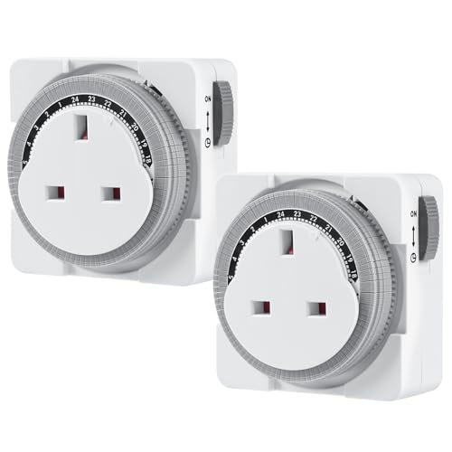 Adiwo 24-Hour Segment Timer Switch, 3-Pin Mechanical Plug Socket UK, Energy-Saver Compact Time Controller for Lights and Home Appliances