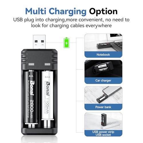 BONAI Akku 2X AA und 2xAAA 1,2V 2800/1100mAh Wiederaufladbare Batterien Hohe Kapazität mit Ladegerät, Batterieladegerat USB-Schnellladegerät für AA AAA NI-MH Akkus