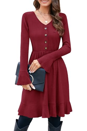 ULTRANICE Strickkleid Damen Herbstkleid Winterkleid V Ausschnitt Pulloverkleid mit Deko Knopf Herbst Winter Kleid (Wein Rot, L)