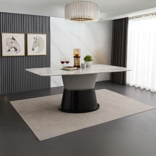 Image of Royaloak Lucca Italian Marble Dining Table | 5D Printed Natural Stone Top | Rounded Corners & Curved Edges | Hourglass Base with Leatherette Detail | 6 Seater Dining Table | Italian Collection