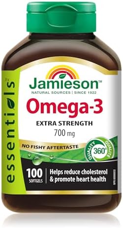 Jamieson Extra Strength Omega-3 700 mg, No Fishy Aftertaste, Supports Heart, Brain, and Eye Health, Arthritis Support. With EPA and DHA, Non-GMO, Gluten-Free, 100 Softgels, Proudly Canadian