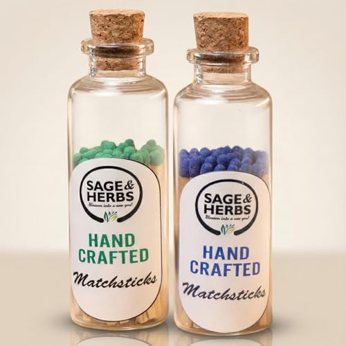 Image of Sage & Herbs Small Matchstick Combo Pack | Blue & Green Head Matchstick | in a Borosilicated Cork Jar with a Striker | Combo Pack | 80 Match Sticks | Multipurpose use for Home, Office, Home Temple