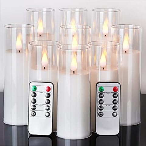 Amagic Pure White Flameless Candles, Battery Operated Candles, Acrylic Flickering LED Pillar Candles with Remote Control and Timer, 3D Wick, Yellow and Blue Glow, D2.2 xH5 6" 7", Set of 9 Cover
