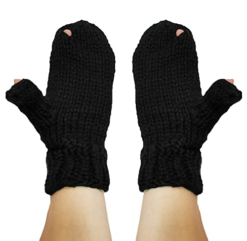 BIBITIME Knitted Gloves with holes Handmade Mittens Unisex Adult Winter (One Size, Black)