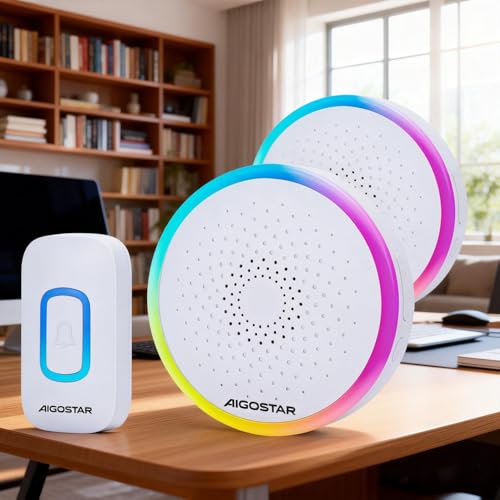 Aigostar campanello senza fili, Campanello Wireless Impermeabile IP55 da Esterno, Campanello Wireless RGB, Portata 150M, 5 Livelli Volume 60 Melodie, Bianco, 1 Trasmettitore+2 Ricevitor