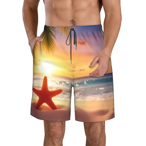 Pantalones cortos elásticos de secado rápido para hombre, diseño de estrella de mar, playa, playa, diseño de estrellas de mar, Negro, 3XL