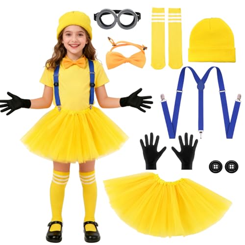Lot de 8 accessoires de costume de dessin animé jaune pour enfant avec jupe en tulle, bonnet, lunettes, bretelles, gants, bandeau, boutons et chaussettes pour femme, homme et enfant (style 1)