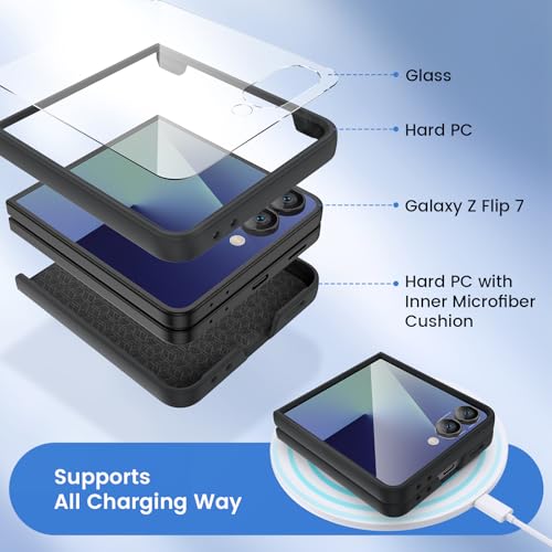 Image of Ruky for Z Flip 7 Case, with Built-in Screen Protector, Black | Support Wireless Charging Hard PC Ultra-Thin Full Body Protective Phone Case for Samsung Galaxy Z Flip 7, Black