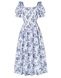 Scarlet Darkness Cottagecore-Kleid für Damen, Puffärmel, quadratischer Ausschnitt, fließend, gesmokt, Maxikleid, Ocean Breeze, Klein