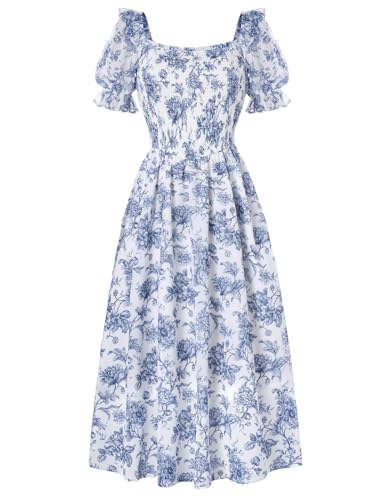 Image of Scarlet Darkness Floral Dress for Women Summer Puff Sleeve Square Neck A Line Flowy Wedding Guest Tea Party Dresses
