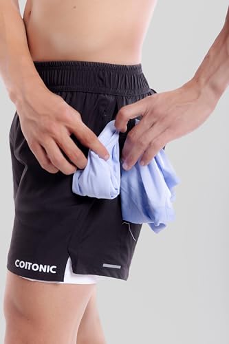 Image of COITONIC 2 in 1 Active Dual Black Shorts with Inner Tights Layer | Men's Double Layer Short for Running, Gym & Sports