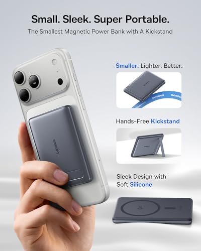 Image of Baseus Picogo Power Bank, Smallest Qi2 Certified 15W MagSafe Portable Charger, 0.5 inch Ultra Slim 5000mAh Magnetic Battery Pack with Stand, Alloy Wireless Charger for iPhone 17 Pro Max /17 Air /17e Series