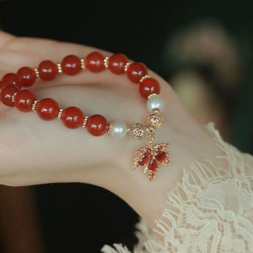 Vintage Red Beaded Bracelet for Women - Maple Leaf Fall Natural Red Jade Stretch Gold Bracelet With OT Clasp - Thanksgiving Autumn Jewelry2