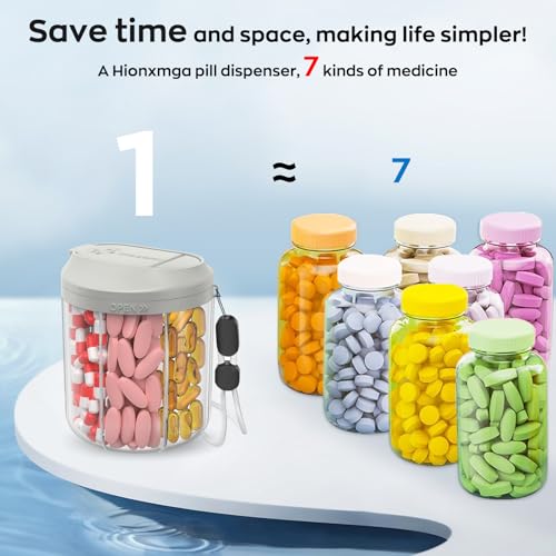 Image of HIONXMGA Pill Dispenser with 7 Large Compartments, Pill Bottle Organizer for Travel, Supplement Organizer with Anti-Mixing Design, BPA-Free Pill Container with 20 Pcs Labels, Grey