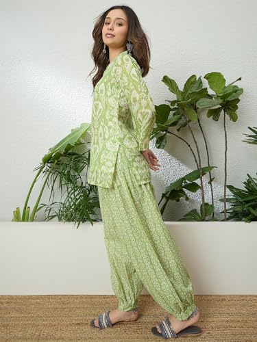 Image of EthnicJunction Women's Linen Floral Print Summer Wear Straight Short Kurti with Afghani Pant Set | Co Ord Set for Women Stylish | Fusion wear Women