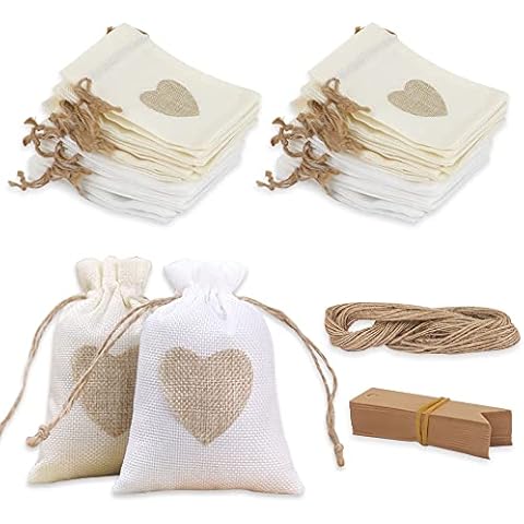 HMIEPRS 40 Pcs Burlap Bags, Linen Drawstring Bags with Gift Tags, Heart Hessian Bags, Jute Cloth Favour Pouches for Wedding Fabric Christmas Party Birthday DIY Craft (White Beige) Cover