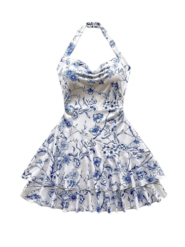 Image of Floerns Women's Cute Summer Halter Neck Floral Leopard Print Short Sundress