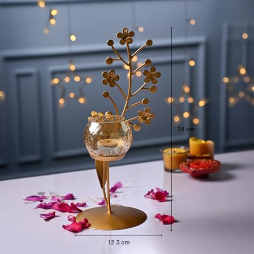 Image of Market99 Golden Glossy Leaf Design T-Light Holder |Single Metal Glass Abstract Tealight C&le Holder for Home, Office, Dining Table & Bedroom | Stylish Decorative Accessory for Festive Season & Parties