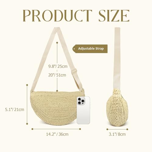 Image of Straw Crossbody Bag for Women Summer Woven Beach Handbag Crescent Shoulder Purses with Adjustable Strap 2025