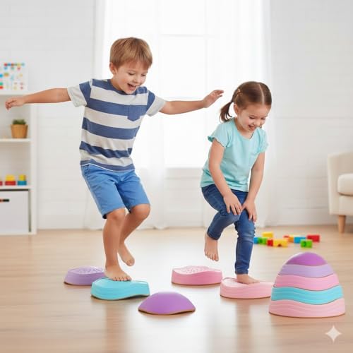 Image of Special Supplies Stepping Stones for Kids, 5 Balance Indoor and Outdoor Blocks Promote Coordination, Balance, Strength, Child Safe Rubber, Non-Slip Edging, Stackable