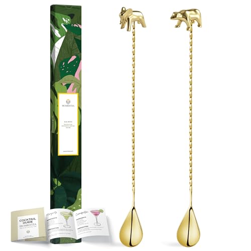 Homestia Gold 12-Inch Stainless Steel Cocktail Spoon with Elephant Bear Handle - Perfect for Mixing & Layering Drinks in Tall Cups, Bar & Shakers - Durable Long Handle Bar Stirrer (2 Pcs)