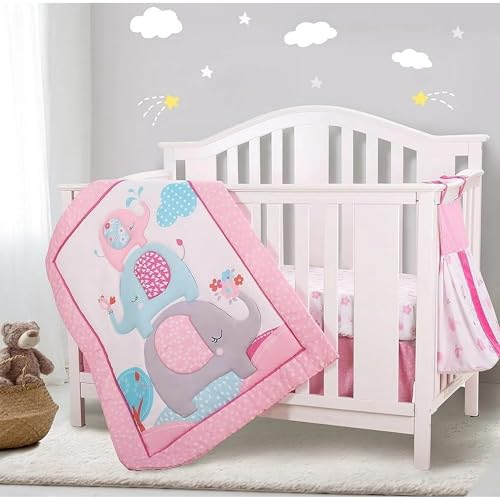 Sweet baba Elephant Crib Bedding Set for Girls, 4 Pieces Nursery Set Including Quilt/Fitted Sheet/Crib Skirt/Diaper Bag