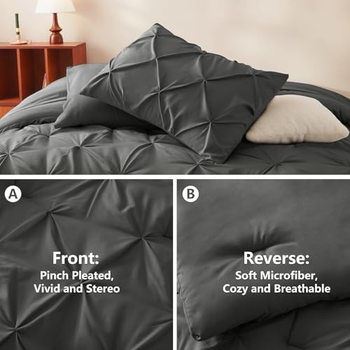 CozyLux Queen Comforter Set Dark Grey, 7 Pieces Pintuck Bed in A Bag, Premium Dark Gray Comforter Queen Size, Pinch Pleat Bedding Sets with Comforter, Sheets, Pillowcases & Shams