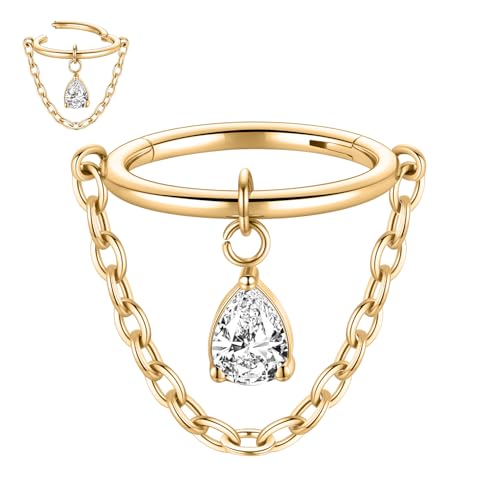 FUNLMO Conch Helix Cartilage Orbital Piercing Jewelry Chian Cube Zircon Dangle Conch Helix Earring 316L Surgical Steel Nose Septum Ring 16G 8mm Gold