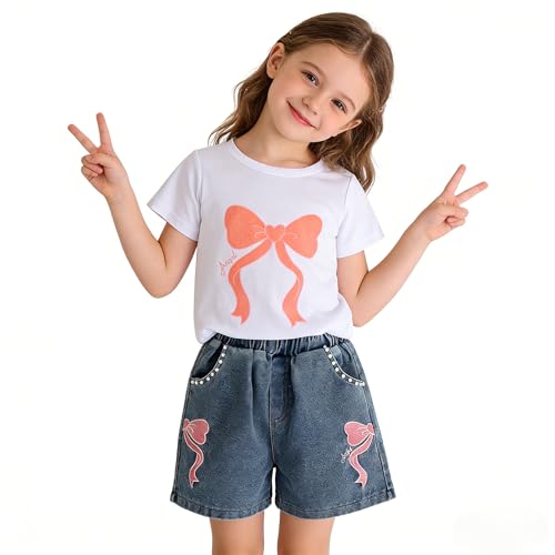 Image of Ayzozuy Kid Girl Clothes Shorts Set 2 Piece Outfits Summer Casual Short Sleeve Top and Shorts Set for Girls 4-7