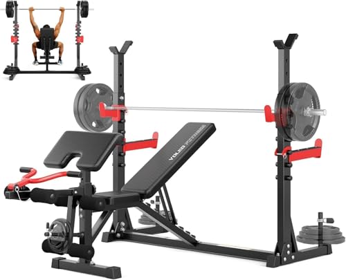 Yoleo 1980LBS 10-in-1 Weight Bench with Rack - Bench Press Set, Leg Extension, Preacher Curl & Flat/Incline/Decline Full Body Workout Bench, Adjustable Olympic Weight Benches for Home Gym(47.44IN WIDE GRIP)