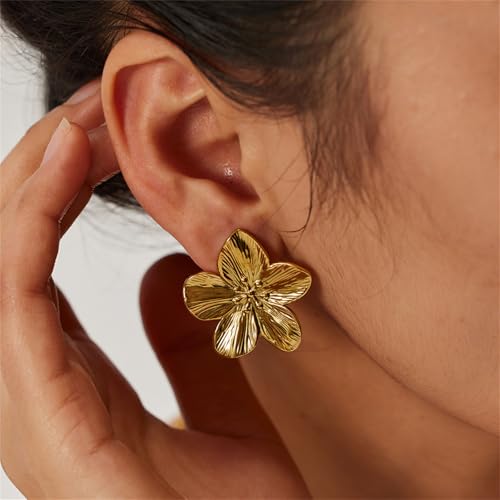 14K Gold Plated Gold Flower Earrings for Women,Boho Statement Large Double Flower Earrings Trendy Chunky Floral Stud Earrings Elegant Chic Flower Jewelry3