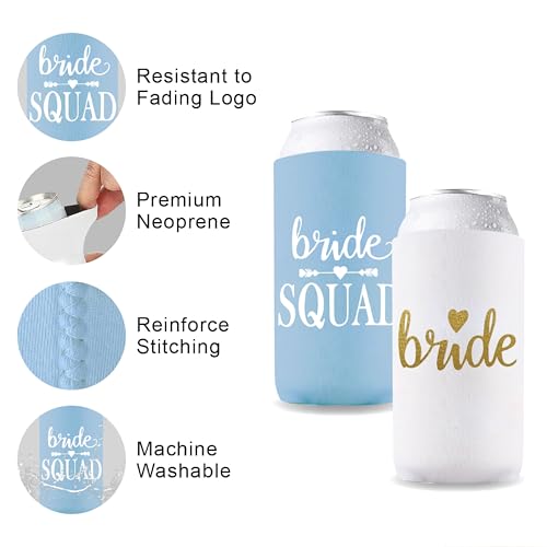 Image of PartyGifts&Beyond 10Packs Bachelorette Party Decorations Slim Can Cooler Bridesmaid Gifts Can Cooler Bride Squad Can Sleeves (Light Blue)