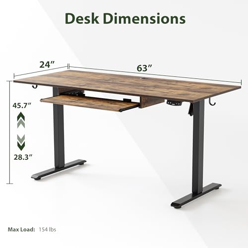Image of Agilestic Height Adjustable Desk with Keyboard Tray, 63 x 24 Inches Electric Standing Desk, Stand up Computer Table with Memory Preset, Modern Lift Motorized Gaming Workstation, Rustic Brown