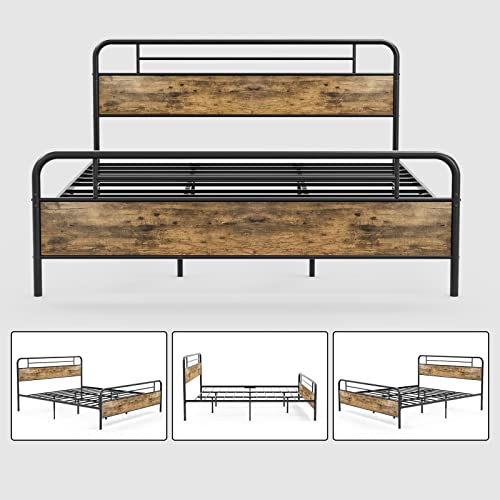 Ikifly King Size Metal Platform Bed Frame With Wood Headboard Footboard, Heavy Duty Steel Slats, 12" Under Bed Storage, Mattress Foundation, No Box Spring Needed - King/Rustic Brown #TOP4