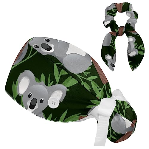 Working Caps with Bow Scrunchies,Koala Leaves Pattern Bouffant Scrub Turban Caps with Button for Women Men,Tie Back Hat One Size