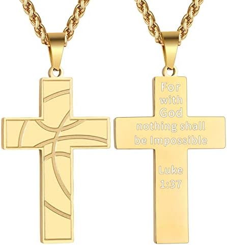 GLITTO Basketball Cross Necklace for Boys Men Stainless Steel Pendant Chain Religious Christian Baptism First Communion Confirmation Jewelry Stuff Accessories Gift Christmas Valentine's Day Luke 1:37 Gold