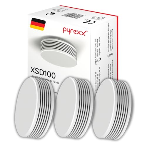 Pyrexx XSD100 Détecteur de fumée 10 Ans Pile avec Support magnétique sans perçage et LED Clignotante, certifié Q-Label, Blanc, Lot de 3