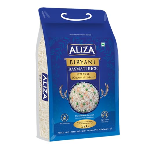 Aliza 1121 Premium Basmati Biryani Rice (5Kg) | XXXl Basmati ELongates Rice | Aged Upto 2 Years Non Sticky, Fluffy And Gluten Free | Excellent Strength- Perfect For Everyday Cooking | Authentic Basmati Rice