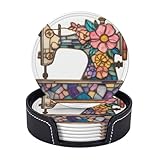 Posavasos de Cuero de Primera Calidad con diseño de máquina de Coser Vintage, Juego de 6 con Soporte, Elegantes Posavasos para Bebidas, Ideal para Cocina, cafetería y Bar.