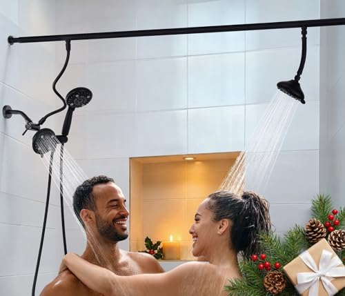 V-Frankness Dual Shower Head for Couples, High Pressure and Adjustable Multimodal Tandem Shower Head System for Two People Rod, 3-Setting Diverter with Holder, 71 Inch Extra Long Hose (Matte Black)
