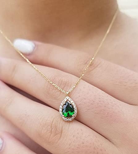 Miniatura 3 de 14K Solid Yellow Gold Emerald Necklace, Diamond CZ Emerald Necklace, May Birthstone, Pear Shape Emerald Necklace,Green Emerald, Gift for Her