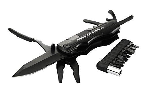 Multitool Pocket Knife by Pinnacle Arrow-Serrated Black Stainless Steel with Safety Lock Back - 5 in 1 Tools with Screw Bit Adapter - Multi Purpose for Outdoor, Survival, Camping, Fishing
