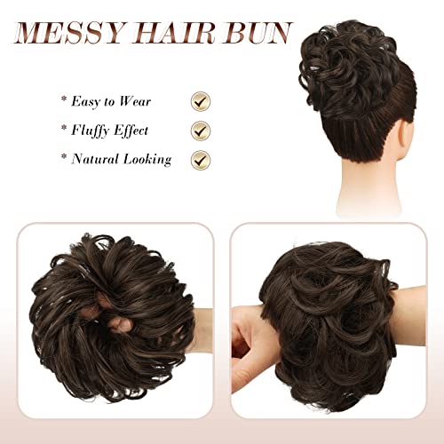 Feshfen Messy Bun Hair Piece Hair Bun Scrunchies Synthetic Wavy Chignon Ponytail Hair Extensions Thick Updo Hairpieces For Women Girls 1Pcs, Dark Brown & Light Auburn Mixed #TOP2