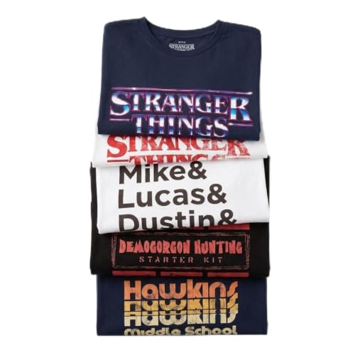 Image of Official Stranger Things 5 Pack T-Shirts - Bundle of 5 Designs (Chrome Logo, Vintage Logo, Character Line-Up, Demogorgon Hunting Kit, Hawkins A.V. Club) - Unisex Cotton Tees, S-XXL - XXL Multi