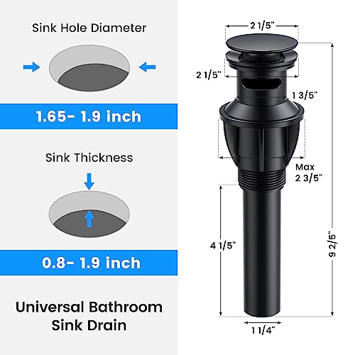 Bathroom Sink Drain With Overflow, Hurran Matte Black Universal Bathroom Sink Stopper For Bathroom Vanity Vessel Sink, Rapid Draining Plastic Pop-Up Sink Drain With Hair Catcher Anti-Clog Strainer #TOP2