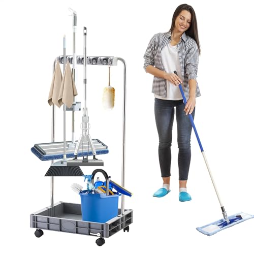 Carrito de limpieza con ruedas, carrito de limpieza rodante para el hogar - carro de limpieza de gran capacidad, soporte para fregona y escoba con estantes, organizador de escobas para guardar