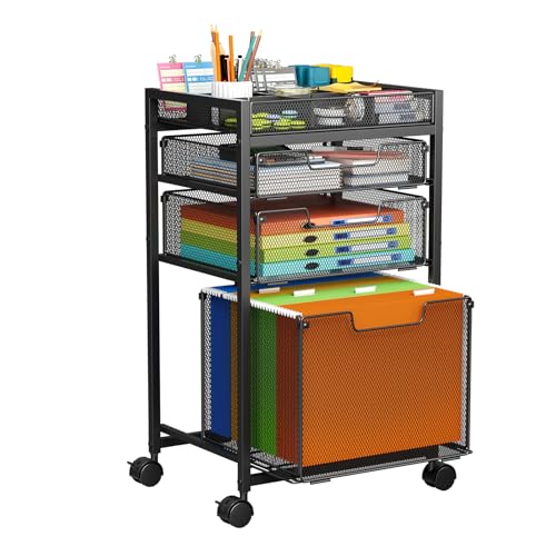 Image of Rolling File Cart with 3 Storage Drawers, Under Desk Filing Cabinet with DIY Divider, Hanging File Folder Organizer on Wheels, Fits A4/Letter Size, Metal Utility Cart for Home Office, Black