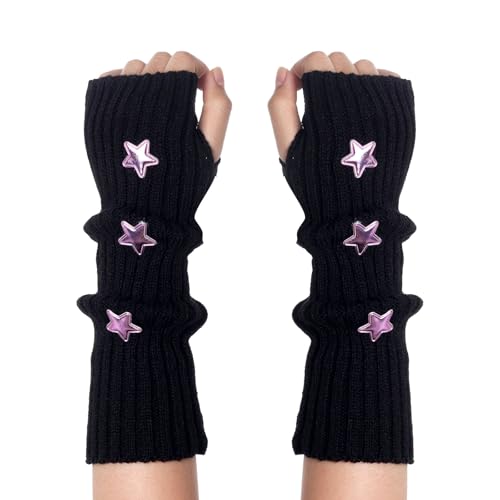 Marrywindix Cute Arm Warmers Y2K Knitted Star Arm Cover Fingerless Gothic Kawaii Fingerless Glove Punk Hip Hop Fall Winter Arm Sleeve for Women Cool Girls (Black)